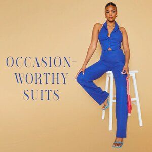Blue Linen Look Halterneck Waistcoat + Straight leg Pants - Size 8